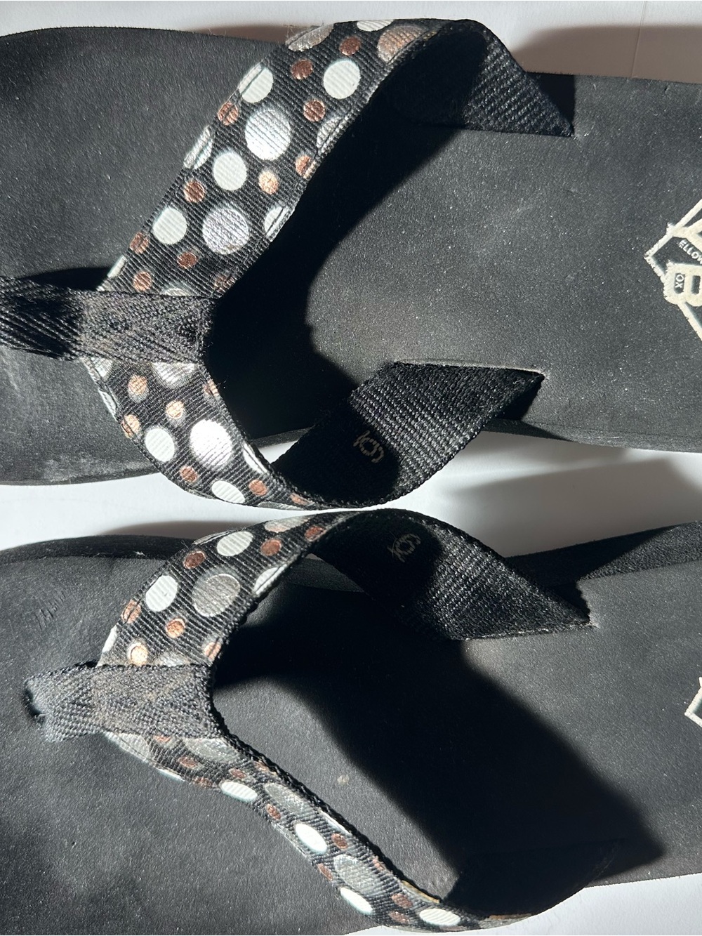 OKA b. Black Flip Flop Sandals with White and Brown Polka Dot Straps